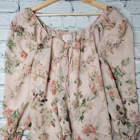 Laurie Felt Pink Blossom Florals Peasant LongSleeve Scrunch Cuff Blouse Size S - Picture 2 of 10